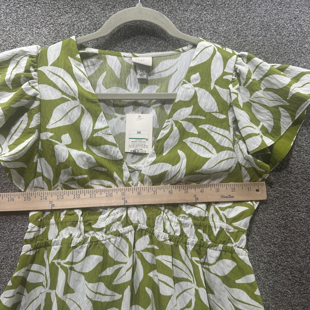 A New Day Mini Dress Women XS Green Floral Leaf Print Flutter Sleeve Sundress - Picture 5 of 12